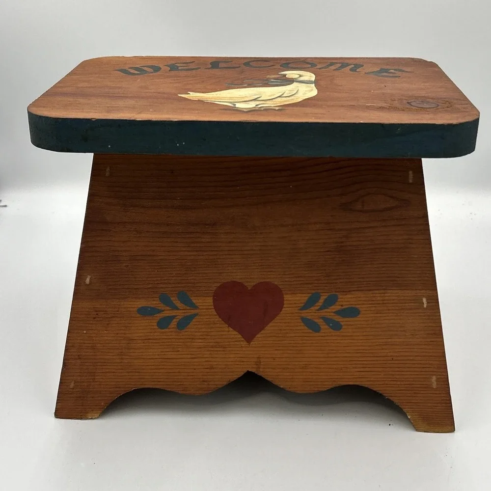 Vtg Wooden Step Stool Hand Painted Duck Welcome Country Farmhouse Cottage Core